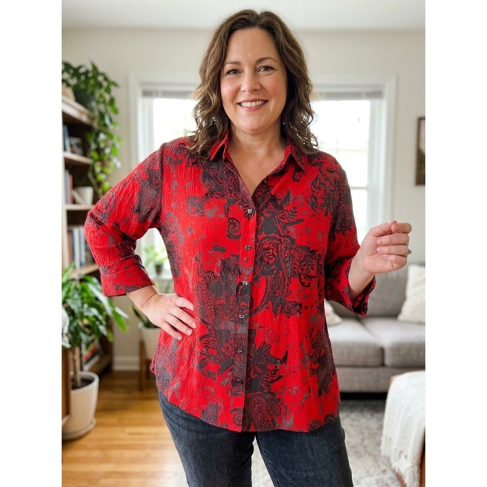 Ali Miles Button Up Blouse Womens 3X Red Black Artsy Abstract Floral Top